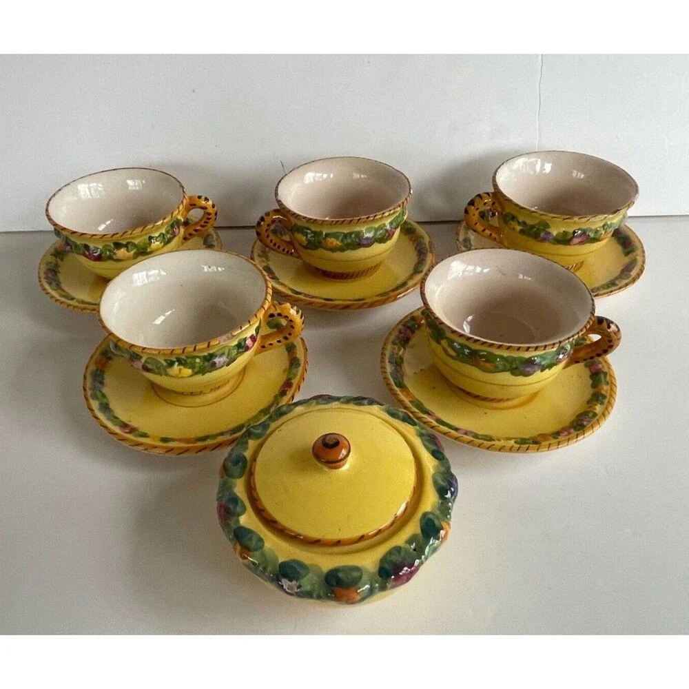Vtg BITOSSI Italy Della Robbia Coffee Set Cups Saucers Sugar Hand Painted Yellow